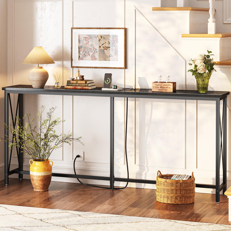 70 Inch Console Table With 2 Outlets 1 Type C And 1 USB Port Extra Long Entryway Table With Metal Frame And X Shaped Bars Black